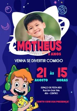 Convite Aniversário Gato Galáctico com Foto para Editar Online