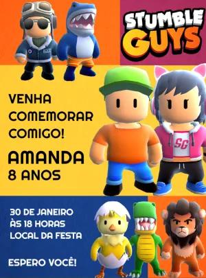 Convite Aniversário Stumble Guys com Personagens para Editar