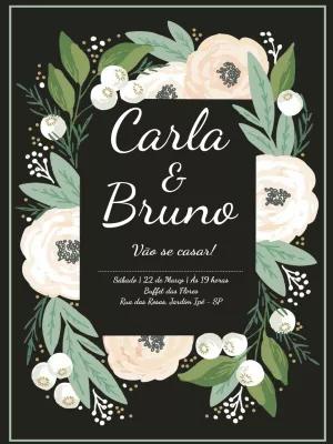 Convite de Casamento Floral Preto e Branco para Editar Online