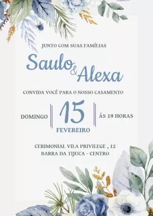 Convite de Casamento Floral Azul com Dourado para Editar Online