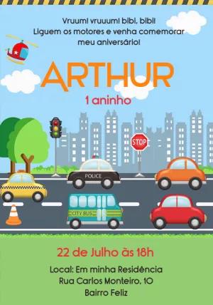 Convite de Aniversário Carrinhos para Editar Online