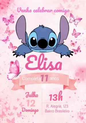 Convite Aniversário Stitch Rosa com Borboletas para Editar