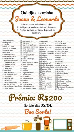 Rifa para Chá de Cozinha com Lista de Presentes para Editar