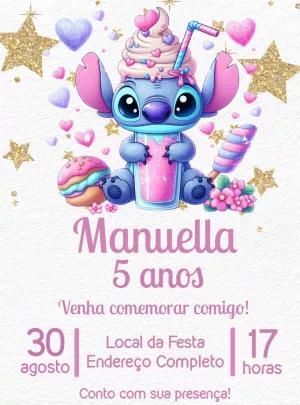Convite de Aniversário Stitch Rosa para Editar Online