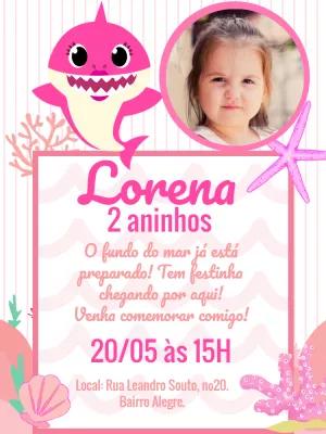 Convite Aniversário Baby Shark Rosa com Foto para Editar