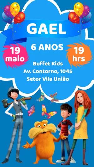 Convite de Aniversário Lorax com Personagens para Editar Online