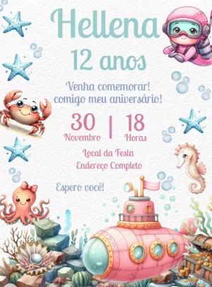 Convite de Aniversário Fundo do Mar Menina para Editar Online