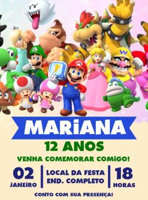 Convite de Aniversário Super Mario Bros Editável com Personagens