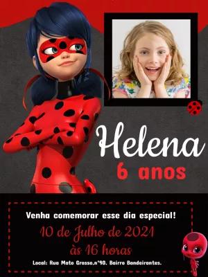 Convite Aniversário Ladybug Miraculous com Foto para Editar