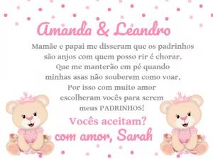 Convite Padrinhos Batismo Ursinha Princesa para Editar Online
