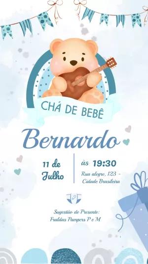Convite Chá de Bebê Ursinho Músico para Editar Online