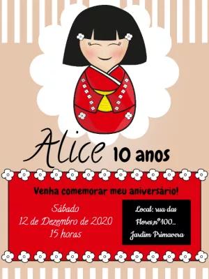 Convite Aniversário Boneca Kokeshi para Editar Online