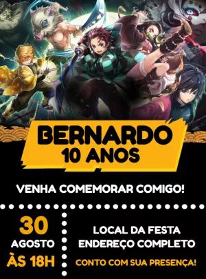 Convite de Aniversário Demon Slayer com Personagens para Editar