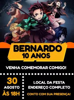 Convite de Aniversário Demon Slayer com Personagens para Editar