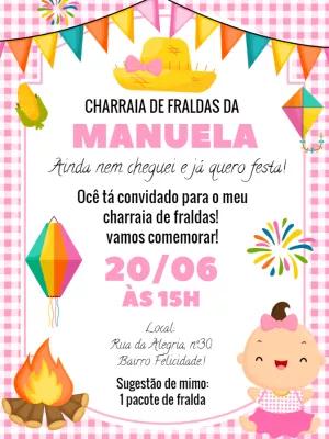 Convite Charraiá de Fraldas Festa Junina Menina para Editar