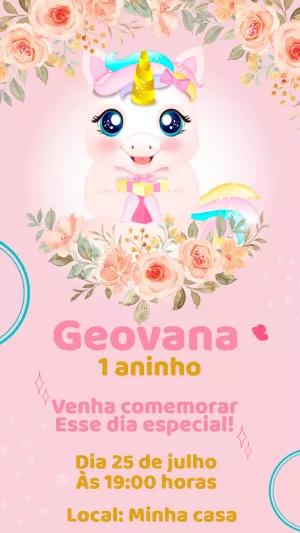 Convite de Aniversário Unicórnio Fofo para Editar Online