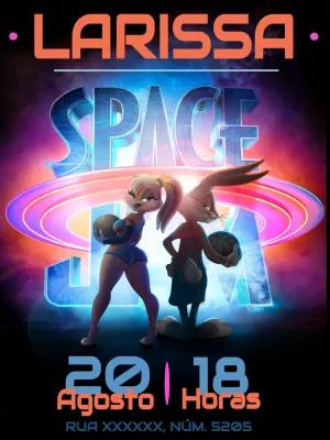 Convite Aniversário Space Jam com Personagens para Editar Online