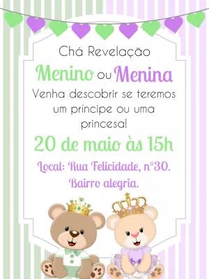 Convite Chá Revelação Ursinhos Realeza para Editar Online