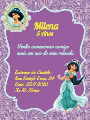 Convite de Aniversário Princesa Jasmine Reinado Roxo para Editar