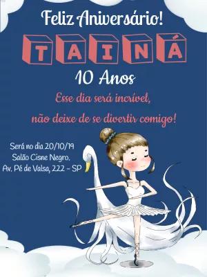 Convite Aniversário Bailarina com Cisne para Editar Online