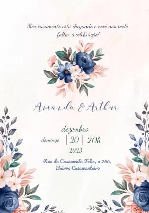 Convite de Casamento Floral Azul e Rosa para Editar Online