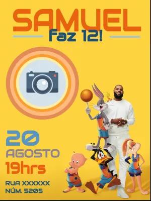 Convite de Aniversário Space Jam com Foto para Editar Online