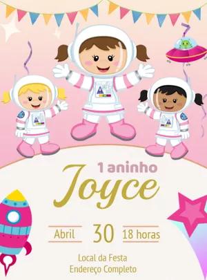 Convite Aniversário Astronauta Menina para Editar Online