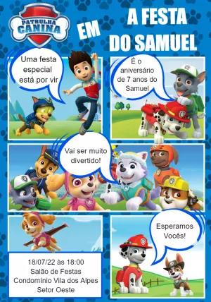 Convite Aniversário Patrulha Canina Quadrinhos para Editar