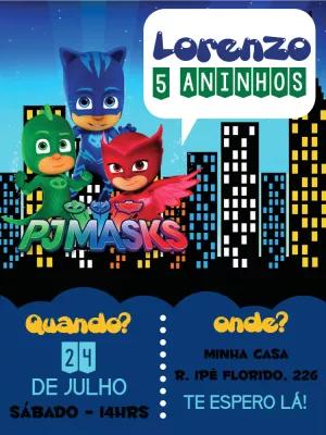 Convite de Aniversário PJ Masks com Heróis para Editar Online