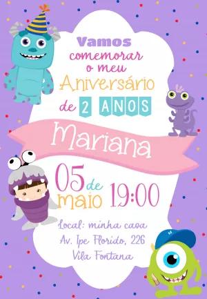 Convite Aniversário Monstros S.A. com Boo para Editar Online