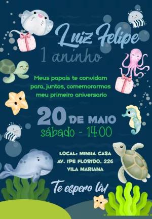 Convite Aniversário Fundo do Mar com Animais para Editar Online