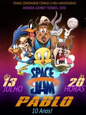 Convite Aniversário Space Jam com Personagens para Editar Online