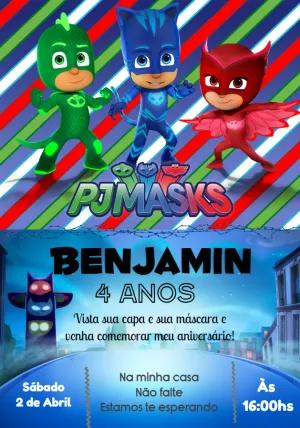 Convite de Aniversário PJ Masks com Heróis para Editar Online