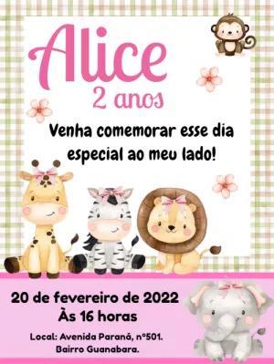 Convite Aniversário Safari Rosa com Animais para Editar Online