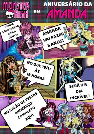 Convite de Aniversário Monster High com Personagens para Editar