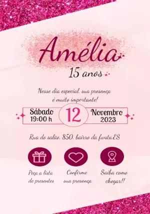 Convite Aniversário 15 anos Glitter Rosa para Editar Online