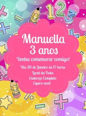 Convite Aniversário Escolar com Números e Lápis para Editar