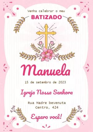 Convite de Batizado Rosa Delicado para Editar Online