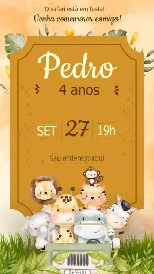 Convite Aniversário Safari com Animais Fofos para Editar Online