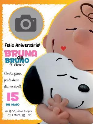 Convite de Aniversário Snoopy e Charlie Brown com Foto para Editar