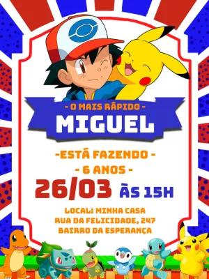 Convite de Aniversário Pokémon com Personagens para Editar Online
