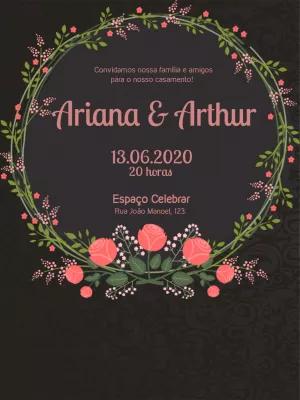 Convite de Casamento Floral Preto e Rosa para Editar Online