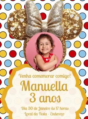 Convite Aniversário Minnie Dourada com Foto para Editar Online
