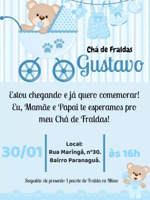 Convite Chá de Fraldas Ursinho Azul para Editar Online