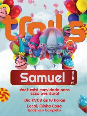 Convite de Aniversário Trolls com Personagens para Editar Online
