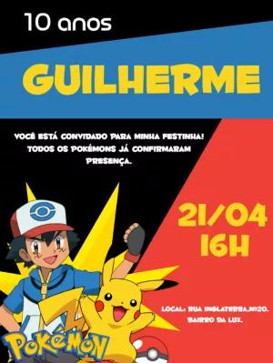 Convite de Aniversário Pokémon com Ash e Pikachu para Editar