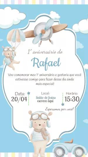 Convite de Aniversário Ursinho Aviador para Editar Online