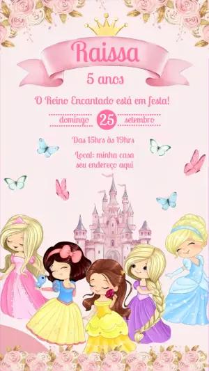Convite Aniversário Princesas Disney Fofas para Editar Online