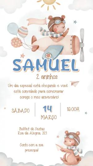 Convite de Aniversário Ursinho Aviador Aquarela para Editar