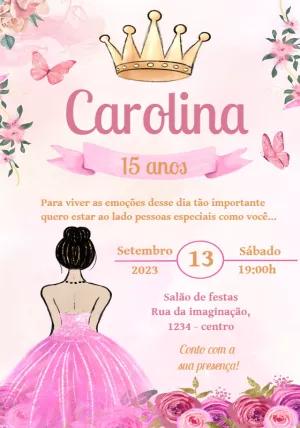 Convite 15 Anos Princesa Rosa com Coroa para Editar Online